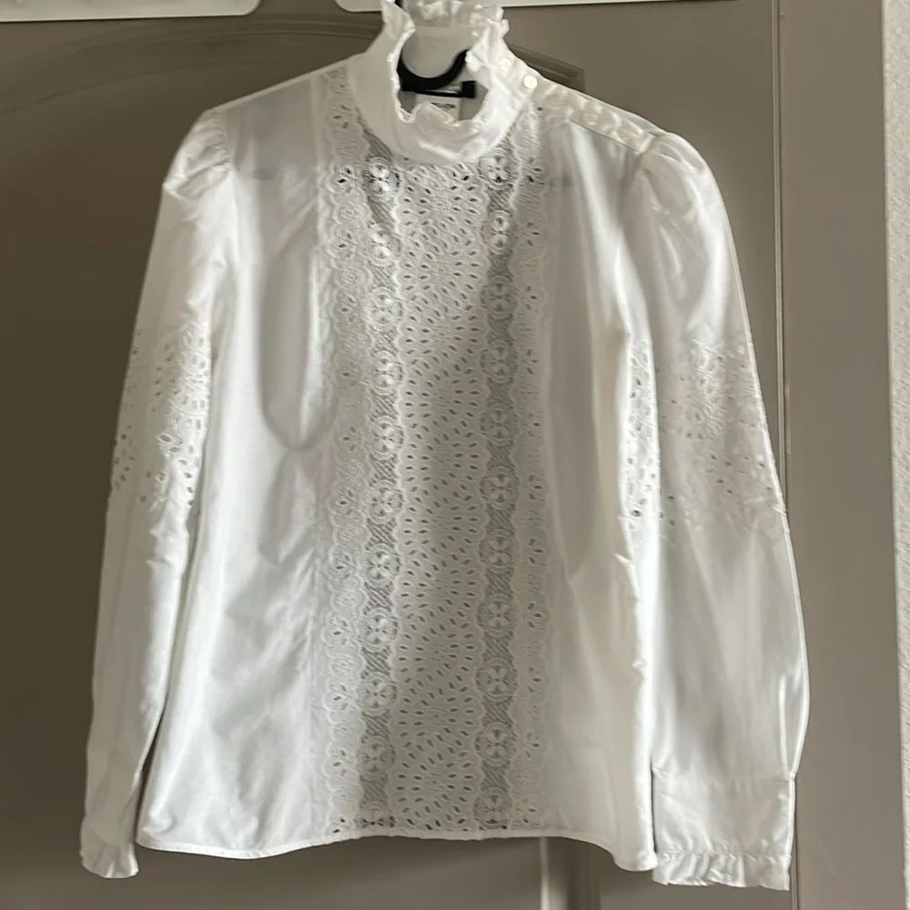 MaxMara Weekend Mock Neck Long Sleeve White Eyelet Blouse - Picture 6 of 13